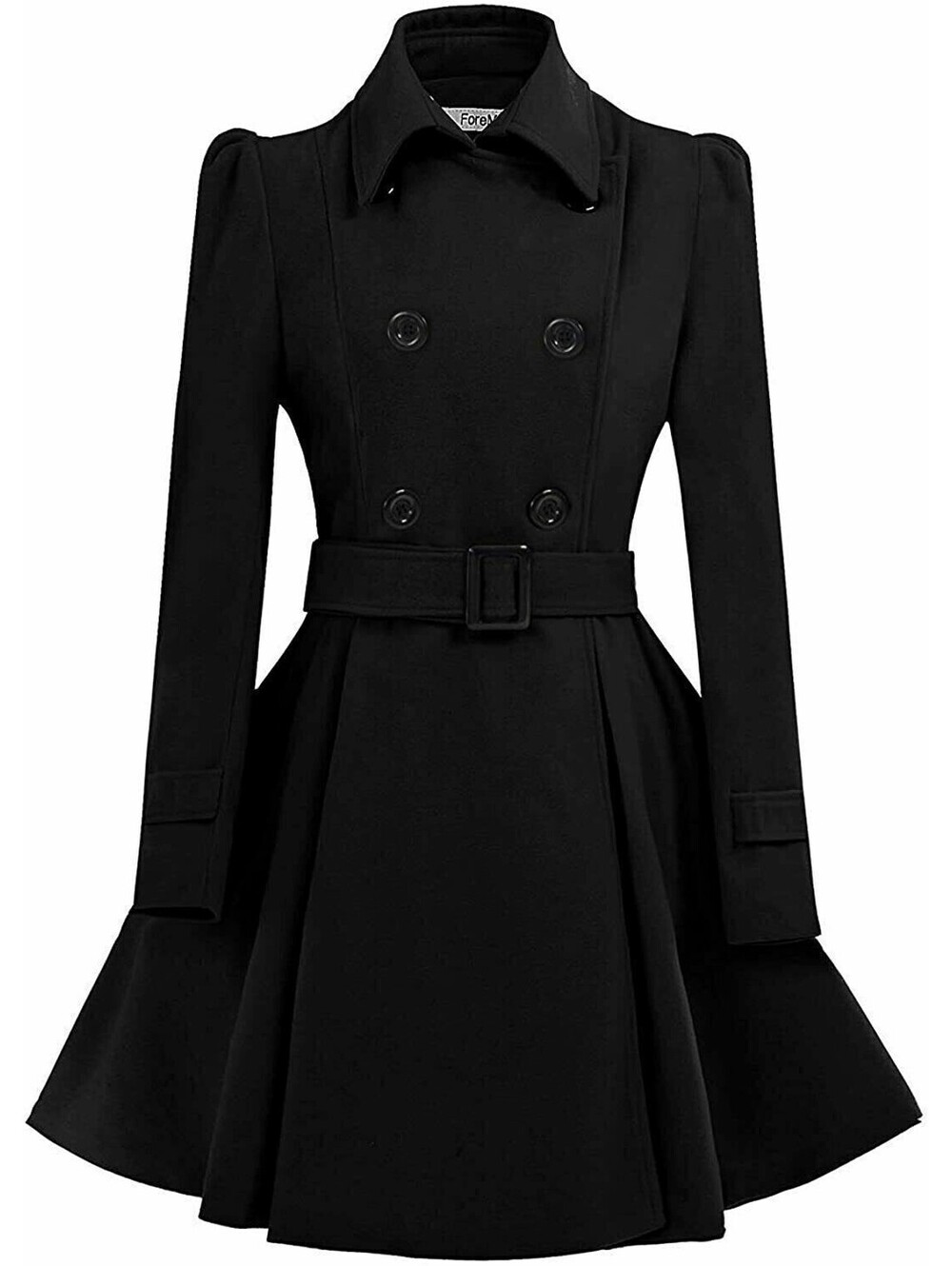 ForeMode Women Swing Double Breasted Wool Pea Coat with Belt Buckle Black LARGE